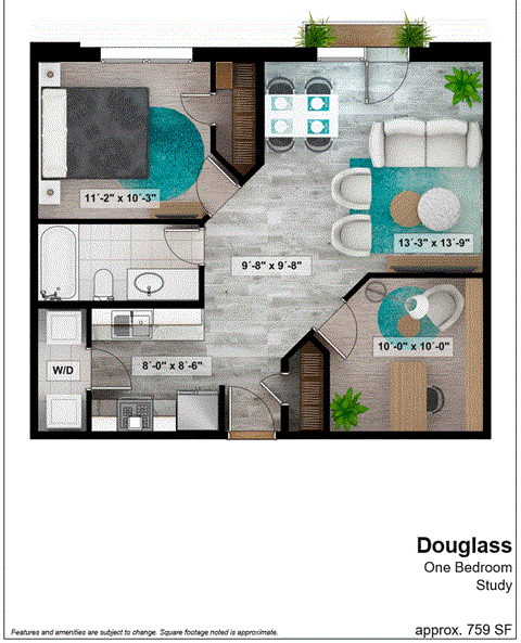 a floor plan of one bedroom apartment with two bathrooms and a living room with a dining area